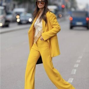 Zara Women Double Breasted Long Blazer Jacket Yellow | 2277/628 Xs